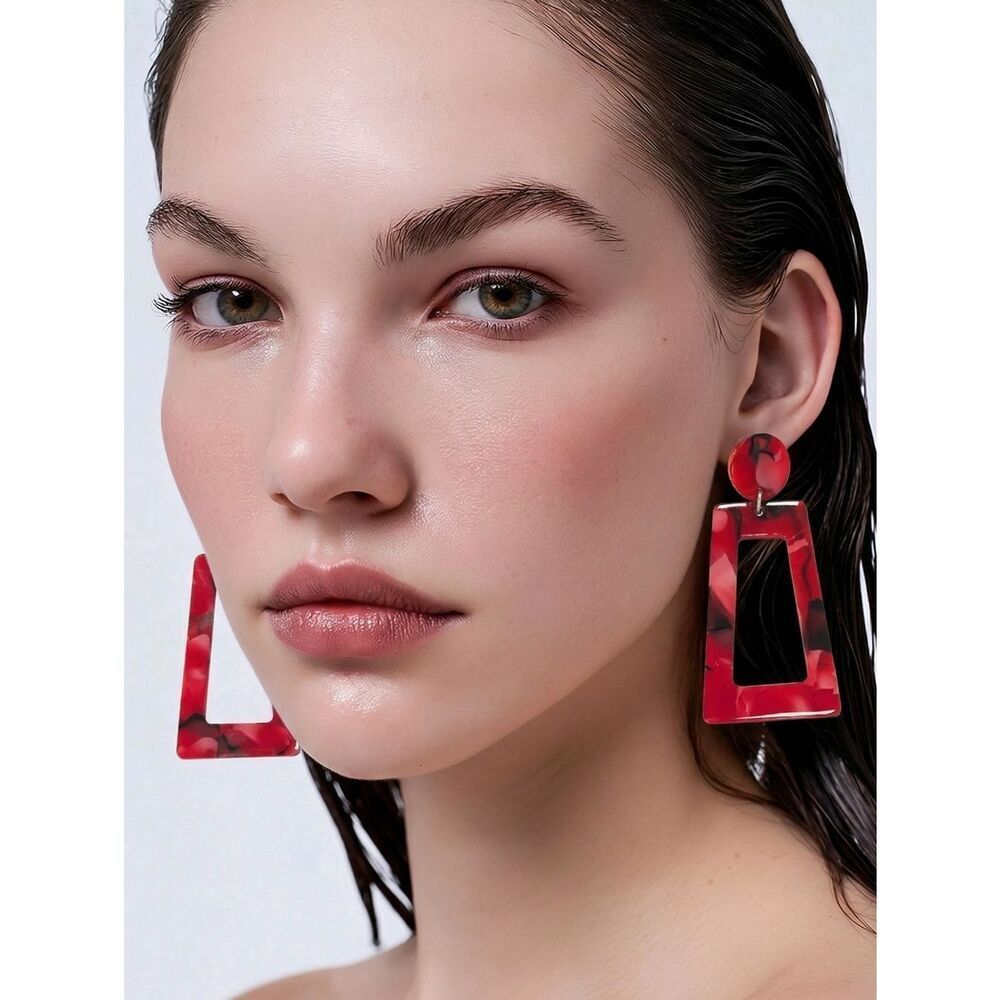 Red Marble Earrings Geometric Acrylic Dangle Statement Bold Power Dressing Chic